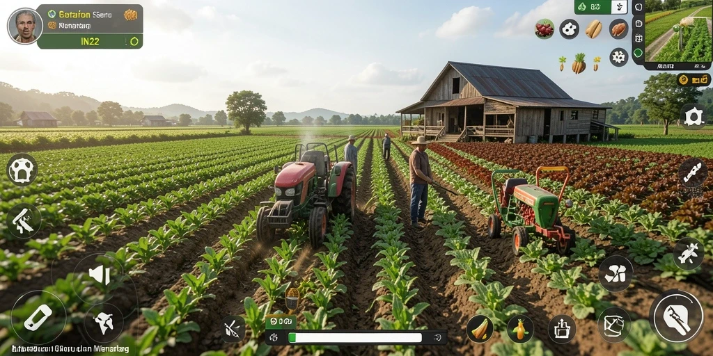 Screenshot gameplay IN22 menampilkan petani yang aktif bekerja di ladang subur.