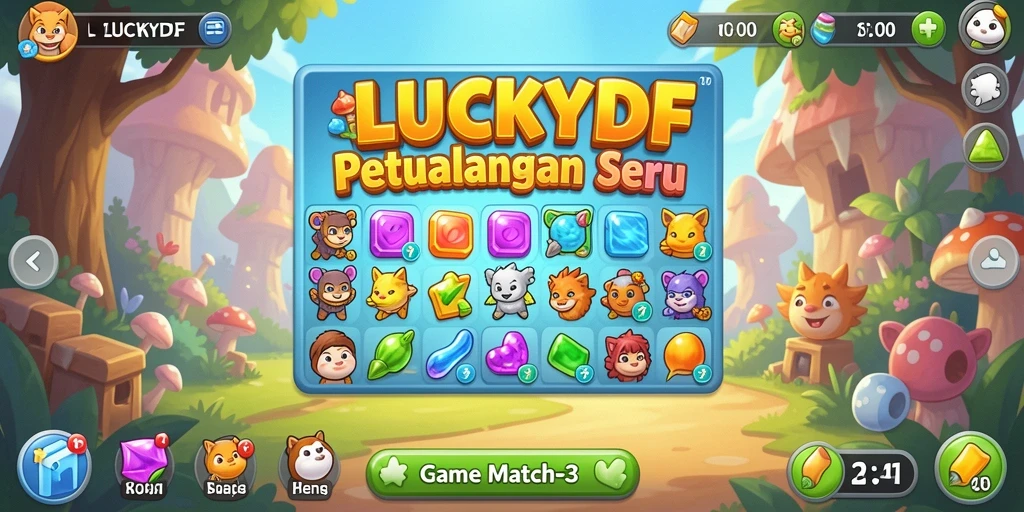 Tampilan permainan <strong>LUCKYDF</strong> yang menarik dan penuh warna dalam sebuah level Match-3.