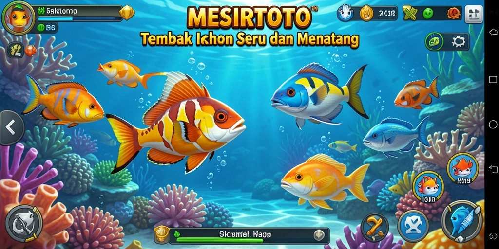 Screenshot gameplay MESIRTOTO menampilkan pertempuran menembak ikan yang seru.