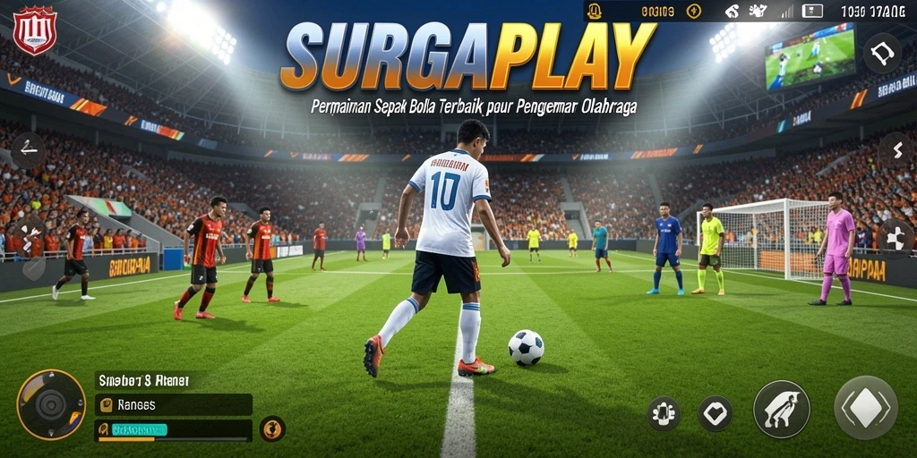 Tampilan screenshot utama SURGAPLAY menampilkan aksi seru di lapangan sepak bola.